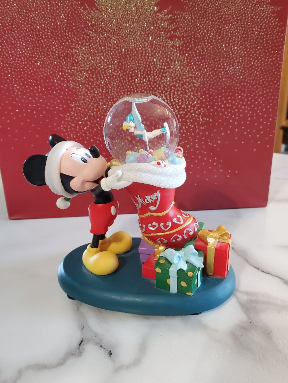 Mickey Christmas Stocking w/ Tinkerbell Snow Globe Vintage